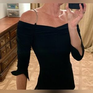 Elegant Black Off-Shoulder 3/4 Sleeve Top with Rhinestone Straps